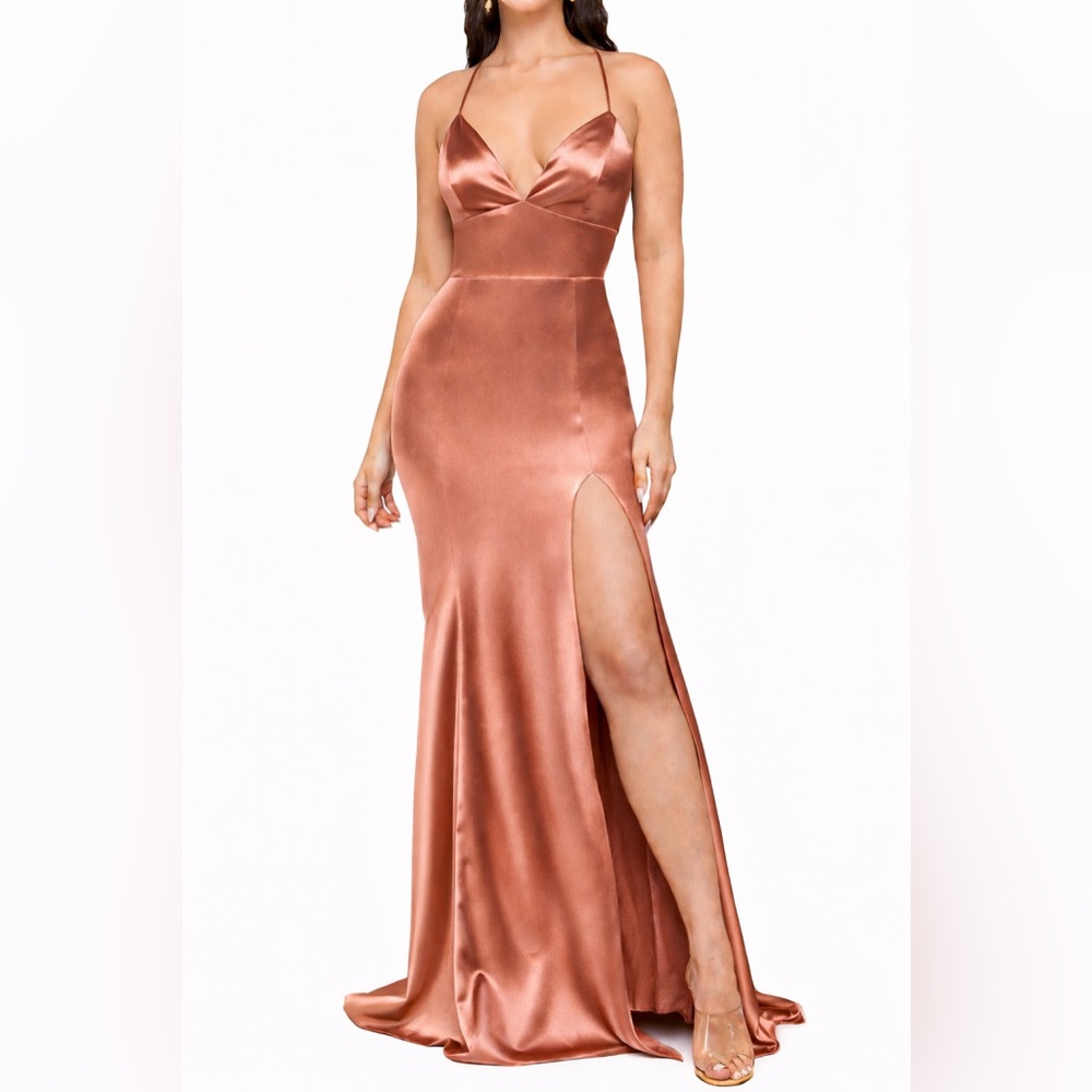 Maniju Satin Backless Lace-Up Maxi Dress – Rose Gold / Copper – Size M – NWOT